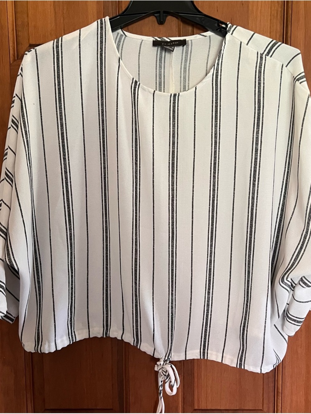 Primark White Blouse with Black Vertical Stripes and Tie Hem-sz 14